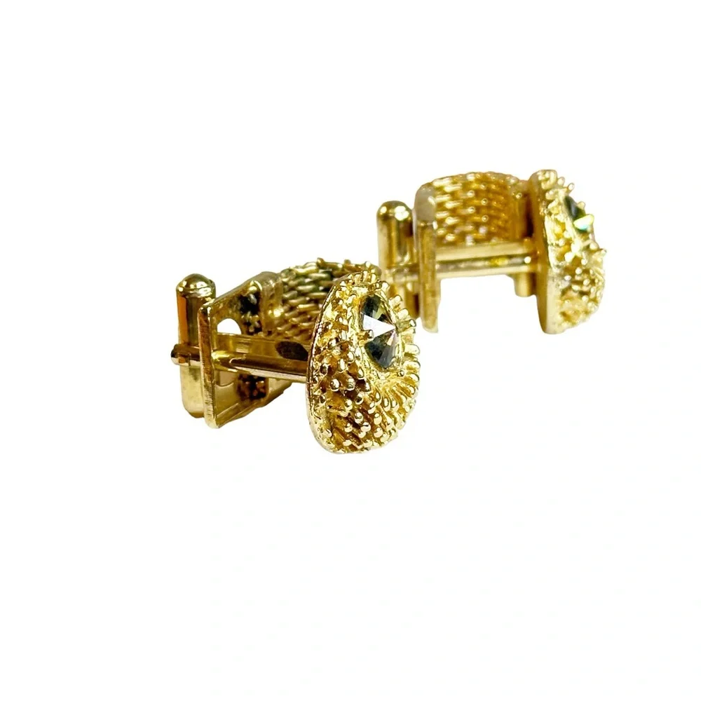 Vintage Retro Men's Gold Tone Green Rivoli Stone Chain Mesh Cuff Links